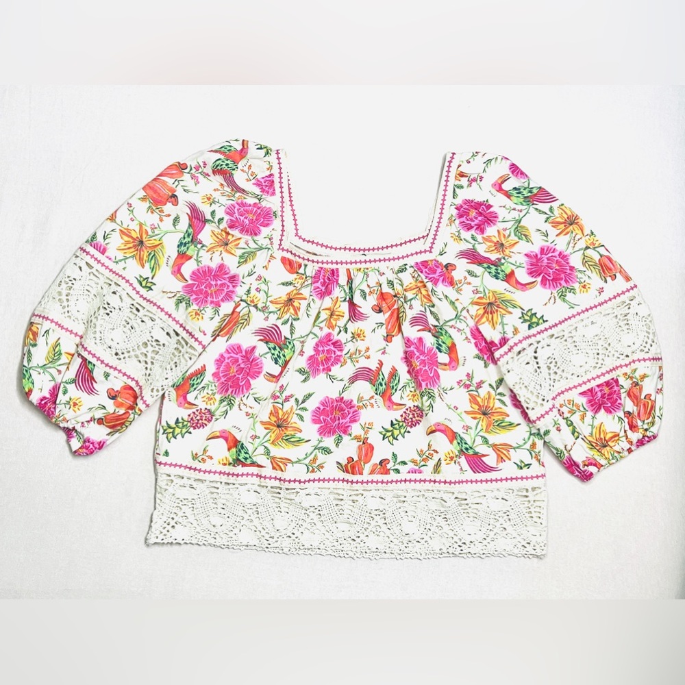 NWT Rachel Zoe Pink Floral Tropical FARM Rio Inspired Linen Blend Boho Top XS-S